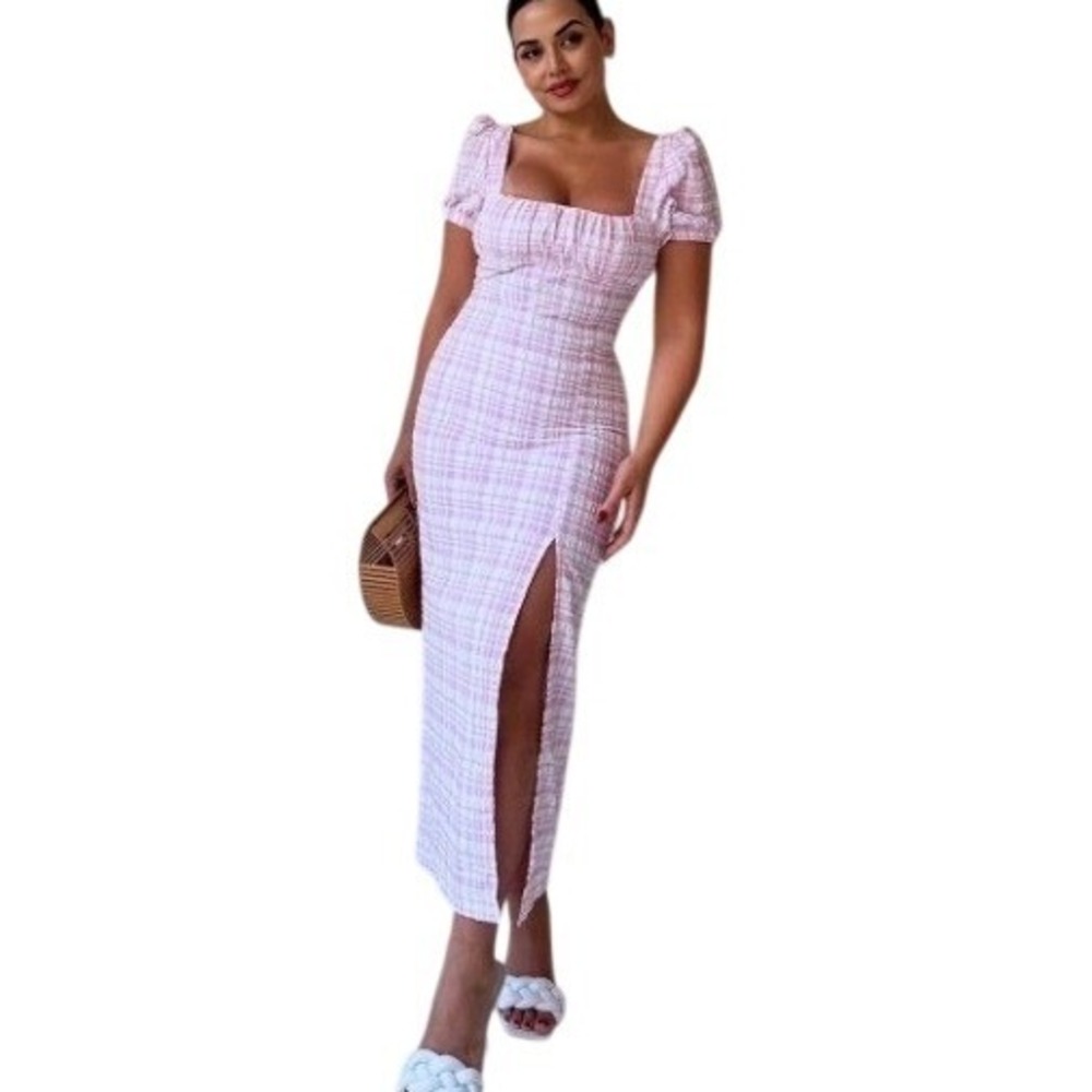 ZARA | Pink White Gingham Waffle Texture Lace Up Back Midi Dress | Small